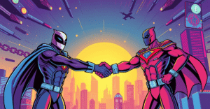 FalconX和Monarq作为超级英雄在未来的城市天际线前握手，象征收购，背景包含加密货币元素。