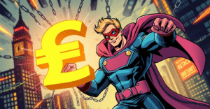 超级英雄手持巨大的英镑符号，背景是未来城市景观，象征tGBP稳定币的创新和革命性。