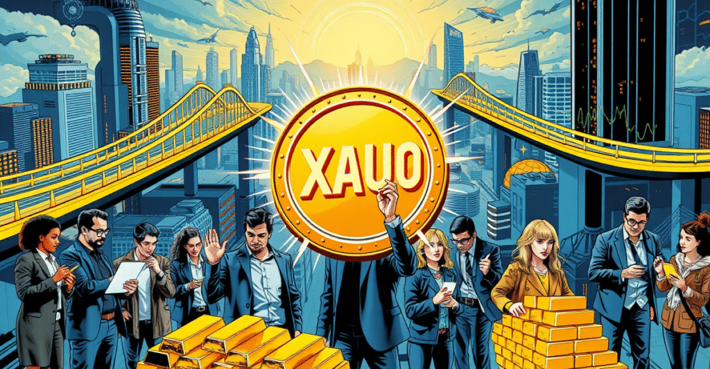 复古漫画风格封面展示中心发光的XAUt0黄金稳定币,背景为TON区块链生态系统,象征跨链功能和黄金投资的未来。