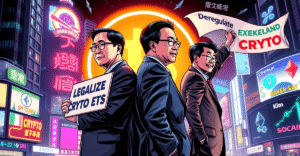 韩国加密货币选举：两位候选人李在明和金文洙在首尔霓虹夜景下展示支持加密货币的政策