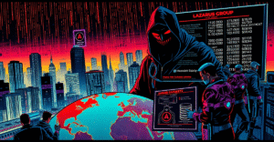 复古漫画风格插图展示Lazarus Group黑客活动，阴影人物站在发光的地球前，背景是二进制代码雨和网络安全专家。