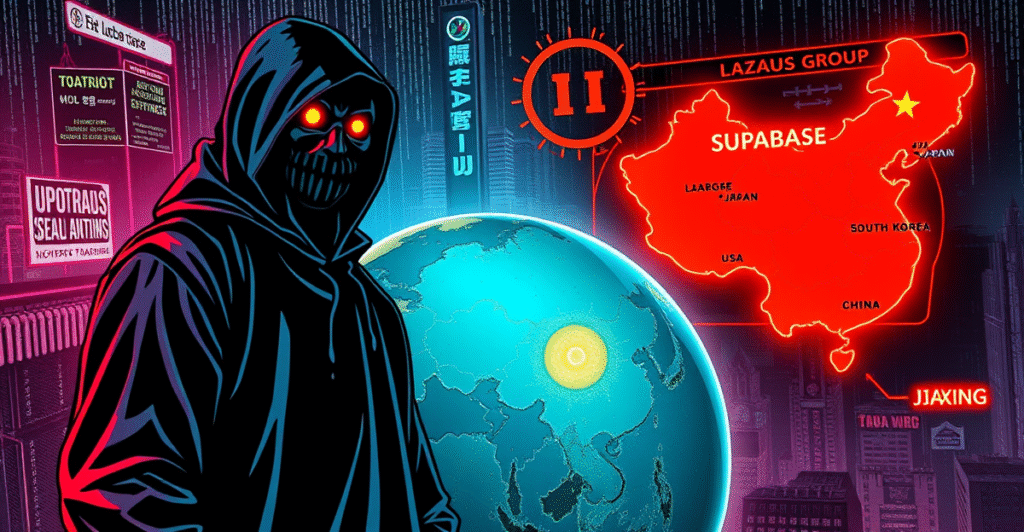 Lazarus Group黑客活动的复古漫画封面,展示了一个阴影人物站在被攻击的全球地图前,背景是数字化的城市景观。