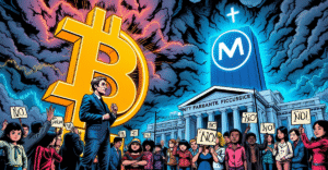 复古漫画风格封面展示Meta与比特币标志的对决，背景是霓虹灯下的股市图表和扎克伯格形象