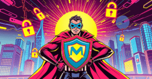 超级英雄角色手持MetaMask标志盾牌，站在未来城市景观前，象征增强的安全性和用户体验