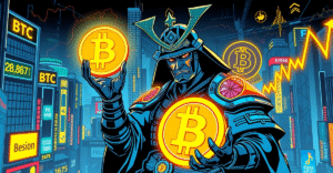 霓虹武士站在东京天际线前，手持发光的比特币标志，象征Metaplanet成为全球第九大企业比特币持有者