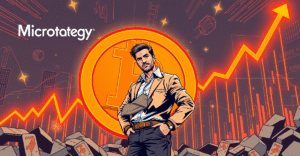 Michael Saylor站在巨大的比特币符号前，背景是上涨的市场趋势图，象征MicroStrategy的比特币收购狂潮