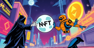 复古漫画风格封面展示Orange Cap Games从Yuga Labs收购Moonbirds NFT系列，背景是以太坊区块链和上涨的价格图表