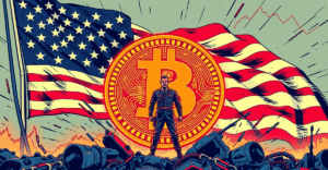 美国将军站在巨大的比特币符号前，背景是美国国旗和经济战争元素，象征国家比特币储备的战略重要性