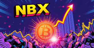 挪威Block Exchange标志与比特币符号在股价飙升背景下的复古漫画风格封面