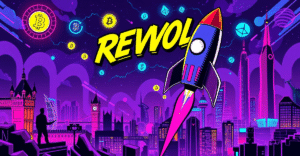 复古漫画风格插画展示Revolut标志化作火箭，象征进军加密货币衍生品市场，背景为全球金融城市和数字货币符号。
