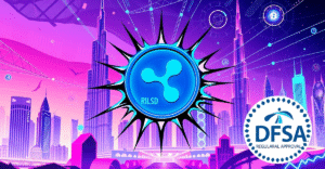 Ripple RLUSD稳定币在迪拜金融服务管理局批准下的复古漫画风格展示，背景为迪拜天际线。