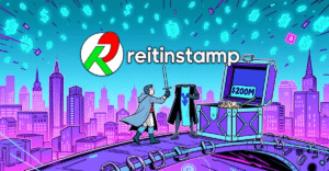 Robinhood与Bitstamp的标志在复古漫画风格中融合，象征2亿美元的加密货币业务收购