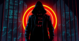 复古漫画风格插画，展示Ross Ulbricht站在发光的比特币标志前，背景是区块链交易图和监狱栏杆