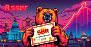 复古漫画风格插图展示俄罗斯熊持有比特币债券，背景是莫斯科天际线和Sber银行标志