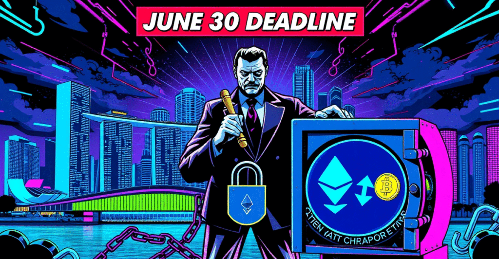 新加坡加密货币监管新规：6月30日最后期限的复古漫画风格插图