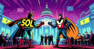 复古漫画风格封面展示Solana和Ether作为超级英雄对抗SEC，背景是市场趋势图和未来城市景观