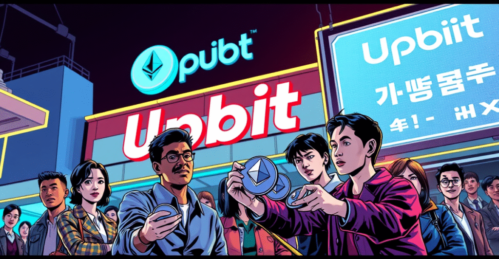复古漫画风格插图展示韩国加密货币交易新规,背景为Upbit交易所标志,人物手持以太坊象征非营利组织首次出售。