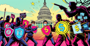 复古漫画风格插图展示加密货币倡导者与传统金融机构在美国国会大厦前的象征性对抗，聚焦稳定币监管法案辩论。