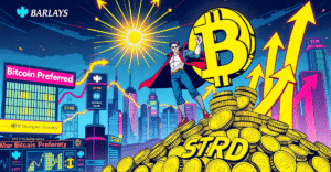 英雄人物手持巨大的比特币符号站在标有'STRD'的金币堆上，背景是未来城市天际线和上涨的股市图表