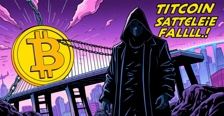 复古漫画风格插图展示Tether将比特币转移至Twenty One Capital，背景为未来金融城市景观