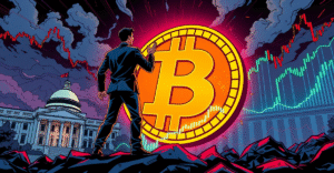 一名交易员站在发光的比特币符号前，背景是波动的市场趋势图，象征贸易关税对加密货币市场的影响