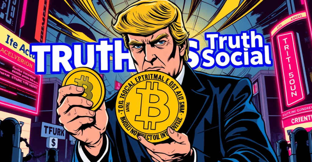 唐纳德·特朗普手持比特币硬币,背景是Truth Social标志,象征特朗普比特币ETF计划
