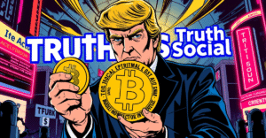 唐纳德·特朗普手持比特币硬币，背景是Truth Social标志，象征特朗普比特币ETF计划
