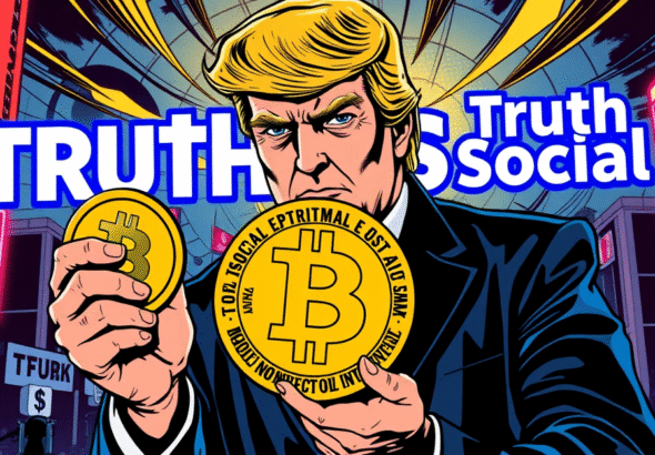 唐纳德·特朗普手持比特币硬币,背景是Truth Social标志,象征特朗普比特币ETF计划