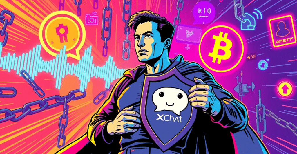 Elon Musk作为超级英雄形象，手持XChat标志的盾牌，背景是象征比特币式加密的数字链条，展现XChat加密消息功能的革命性。